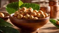 Macadamia nut leaves a bowl wooden table tasty edible healthy