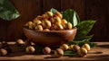 Macadamia nut leaves a bowl protein table tasty edible healthy snack selection nutrition