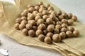 a macadamia nuts on burlap background backdrop Royalty Free Stock Photo