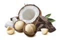 Macadamia nuts, chocolate and coconut isolated on white background Royalty Free Stock Photo