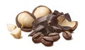 Macadamia nuts, chocolate and coffee beans isolated on white background Royalty Free Stock Photo