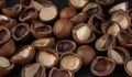 Macadamia nuts pattern. Natural raw peeled macadamia seeds and shells Royalty Free Stock Photo