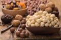 Macadamia nuts peeled in wooden bowl on table, grunge style.