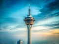 Macao Tower Ascends Against a Cloudless Sky A Breathtaking Architectural Perspective Capturing the Majestic Structures Royalty Free Stock Photo