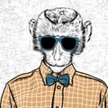 Macaque monkey hipster in a shirt , poster hand drawn illustration vector.