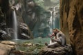 macaque using a smartphone and headphones near a waterfall