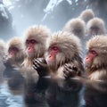 Macaques enjoying the warm waters at Jigokudani Park, Yudanaka, Nagano, Japan