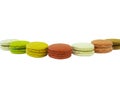 Macaron desserts of various colors and flavors are delicious and beautiful. Place it vertically and see the ingredients on the sid