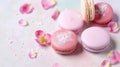 Macaron or macaroon french cookie on white textured with spring sakura flowers, pastel colors. Generative AI