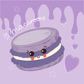 Macaron poster. Cute cookie with face. Comic confectionery food character. Purple background. Kitchen poster or cover