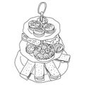 Macaron and sweets on dishes vector illustration sketch doodle hand drawn with black lines isolated on white background