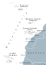 Macaronesia, gray map, Azores, Cape Verde, Madeira, Canary Islands
