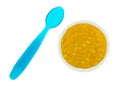 Macaroni and cheese baby food in a white bowl