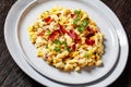 macaroni and cheese with corn, bacon topped with panko breadcrumbs