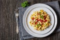 macaroni and cheese with corn, bacon topped with panko breadcrumbs Royalty Free Stock Photo