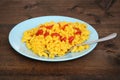 Macaroni and cheese with ketchup and fork Royalty Free Stock Photo