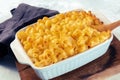 Macaroni and cheese pasta in a casserole. Cheesy American comfort food Royalty Free Stock Photo