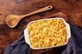 Macaroni and cheese pasta in a casserole dish, oven baked, top shot Royalty Free Stock Photo