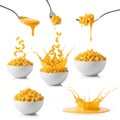 Macaroni and cheese splash, isolated on white background Royalty Free Stock Photo