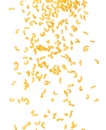 Macaroni fall down in group, yellow macaronis pasta float explode, abstract cloud fly. Curved macaroni pasta splash throwing in Royalty Free Stock Photo
