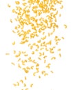 Macaroni fall down in group, yellow macaronis pasta float explode, abstract cloud fly. Curved macaroni pasta splash throwing in Royalty Free Stock Photo