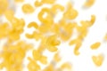 Macaroni flying explosion, yellow macaronis pasta float explode, abstract cloud fly. Curved macaroni pasta splash throwing in Air Royalty Free Stock Photo