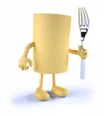 Macaroni pasta with arms, legs and fork on hand