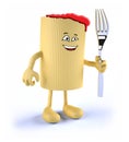 Macaroni pasta with face, arms, legs and fork on hand