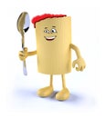 Macaroni pasta with face, arms, legs and spoon on hand