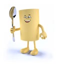 Macaroni pasta with face, arms, legs and spoon on hand