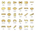 Macaroni pasta spaghetti icons set vector color