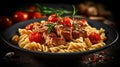 macaroni pasta with tomato sauce, pork and vegetables. Generative Ai