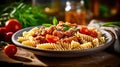 macaroni pasta with tomato sauce, pork and vegetables. Generative Ai