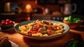 macaroni pasta with tomato sauce, pork and vegetables. Generative Ai