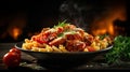 macaroni pasta with tomato sauce, pork and vegetables. Generative Ai