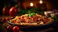 macaroni pasta with tomato sauce, pork and vegetables. Generative Ai