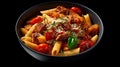 macaroni pasta with tomato sauce, pork and vegetables. Generative Ai