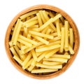 Macaroni pasta in wooden bowl, Italian maccheroni