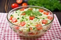 macaroni salad in a circular transparent glass dish