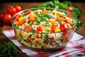 macaroni salad in a circular transparent glass dish