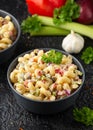 Macaroni Salad with red bell pepper, onion, celery, gherkins and mayonnaise dressing Royalty Free Stock Photo