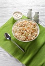 Macaroni salad in a white bowl, top view Royalty Free Stock Photo