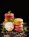 Macarons or cake macaroon with mint on black background