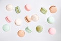 Macarons cake, top view flat lay, fly falling macaroon background Royalty Free Stock Photo