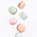 Macarons, top view flat lay, fly falling macaroon Royalty Free Stock Photo