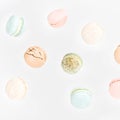 Macarons, top view flat lay, fly falling macaroon Royalty Free Stock Photo