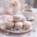 Macarons cookies on a plate, coffee in the background. New Year\'s mood.