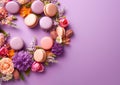 Macarons desert pastry with lavender cream and flowers on purple background.Macro.AI Generative