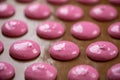 Macarons in the oven. Cooking at home. Sweet and colourful pink french macaroons