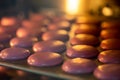 Macarons in the oven. Cooking at home. Sweet and colourful pink french macaroons Royalty Free Stock Photo